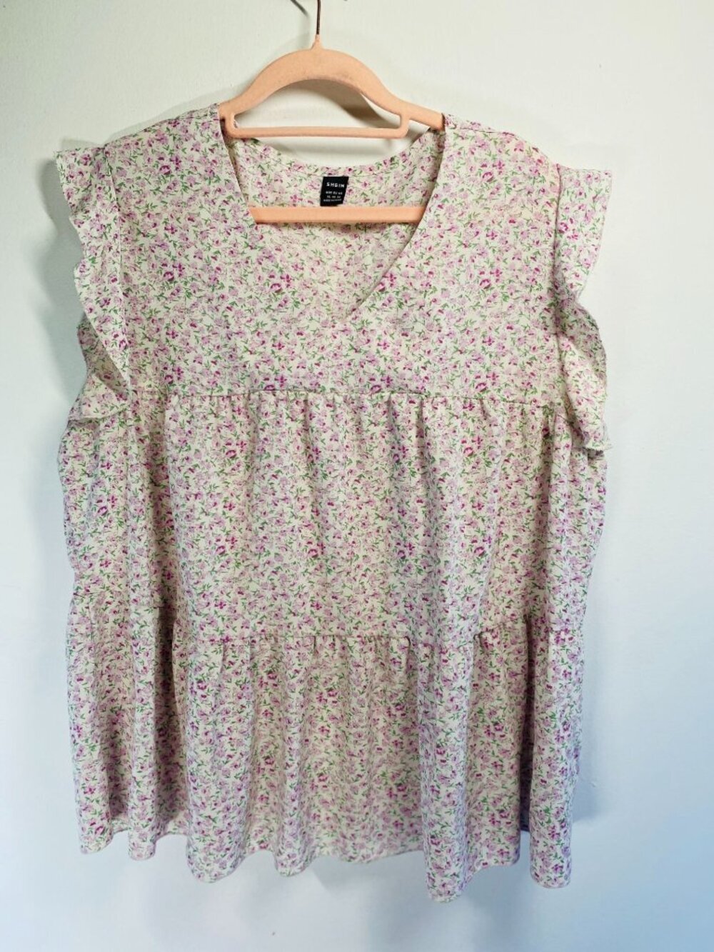 Shein Floral Ruffle-Sleeve Babydoll Top In Pink/Green Womens XL Lightweight Poly